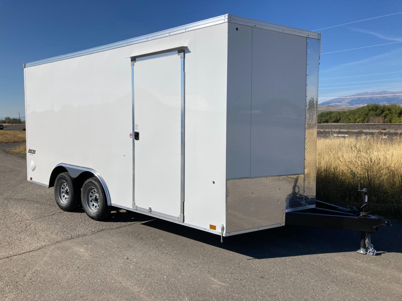 2023 White Pace 81/2 x 16 Journey SE , located at 310 West 1st Ave, Big Timber, MT, 59011, (406) 860-8510, 45.833511, -109.957809 - 2023 Pace American 81/2 x 16 Journey V-nose Cargo, 7K GVW, rear ramp door with 12" ramp extension, 81" rear door opening height, (2) - 3.5K GVW axles with spring suspension, EZ lube hubs, electric brakes both axles, 15" radial tires, 32" side door with RV style flush latch, screwless exterior (bonde - Photo #12