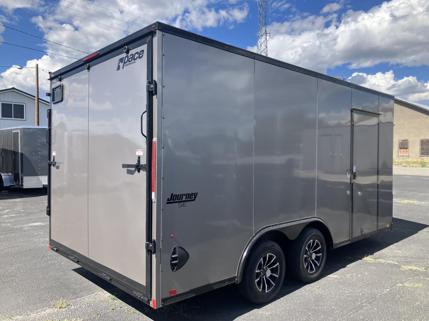2026 , located at 310 West 1st Ave, Big Timber, MT, 59011, (406) 901-0517, 45.833511, -109.957809 - New Pace American Journey SE 81/2 x 16 Enclosed Cargo, 7k GVW, 81" rear door opening height with beavertail, bonded sides (no screws), v-nose, rear ramp door, 32" side door, (2) 3.5k axles, electric brakes on both axles, LED lights, high performance floor and sidewall material, 16" on center sidewal - Photo#1